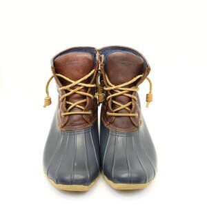 SPERRY SALTWATER WOMEN'S DUCK BOOTS BLUE RUBBER BROWN LEATHER STS91175 SZ 8.5